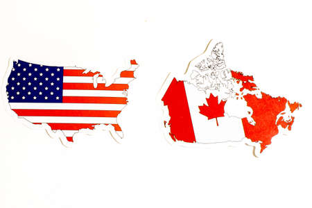 National flags of USA and Canada on white background with copy space.の写真素材