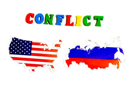 USA against Russia conflict concept. National flags on white background. Illustration for political news.の写真素材