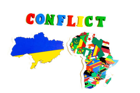 Ukraine and Africa conflict or war concept. National flags.の写真素材