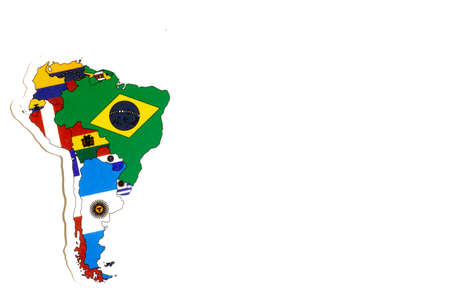 National flag of South America. Continent outline on white background with copy space. Politics illustration.の写真素材