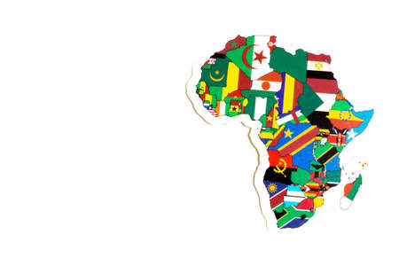 National flag of Africa. Continent outline on white background with copy space. Politics illustration.の写真素材