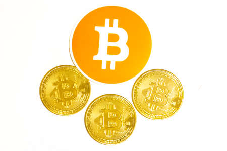 Bitcoin and cryptocurrency coins on white background.の写真素材