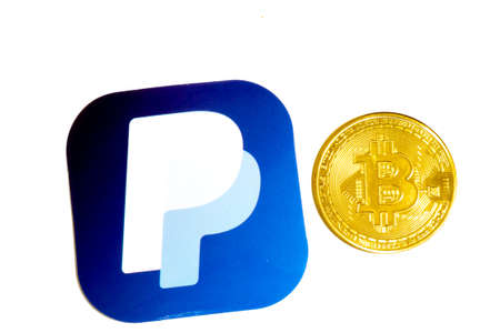 Los Angeles, California, USA - 17 January 2020: Paypal and Bitcoin on white background, Illustrative Editorial.のeditorial素材