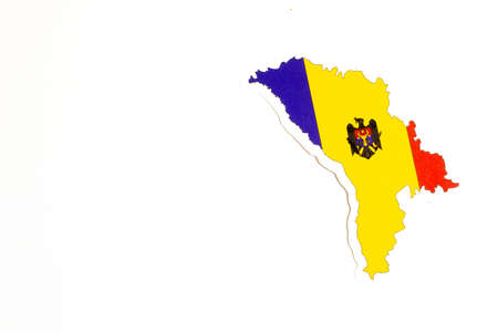 National flag of Moldova. Country outline on white background with copy space. Politics illustration.の写真素材