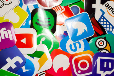 Los Angeles, California, USA - 25 January 2020: A pile of different social media icons and logotypes like YouTube, Twitter and Instagram top view, Illustrative Editorial.のeditorial素材