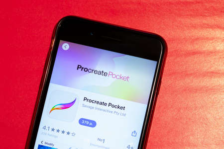 New York City, USA - 5 February 2020: Procreate Pocket app logo on phone screen, Illustrative Editorial.のeditorial素材
