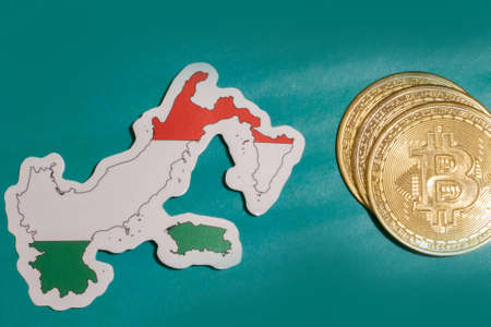 Italy Flag with Bitcoin flat lay for illustration. Cryptocurrency btc law concept.の写真素材
