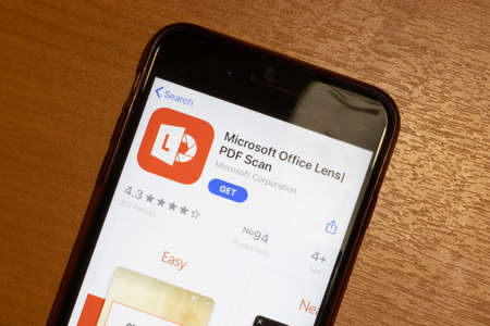 Los Angeles, California, USA - 12 February 2020: Microsoft Office Lens PDF Scan App Store page close up , Illustrative Editorial.のeditorial素材