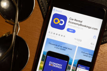 Los Angeles, California, USA - 12 February 2020: Car Rental Economybookings App Store page close up , Illustrative Editorial.のeditorial素材