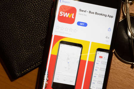 Los Angeles, California, USA - 12 February 2020: Swvl Bus Booking App Store page close up , Illustrative Editorial.のeditorial素材