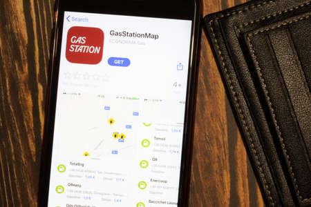 Los Angeles, California, USA - 12 February 2020: GasStationMap App Store page close up , Illustrative Editorial.のeditorial素材