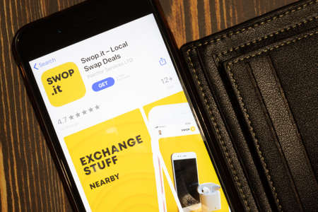 Los Angeles, California, USA - 12 February 2020: Swop.it App Store page close up , Illustrative Editorial.のeditorial素材