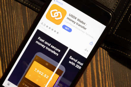 Los Angeles, California, USA - 12 February 2020: USDX Wallet App Store page close up , Illustrative Editorial.のeditorial素材