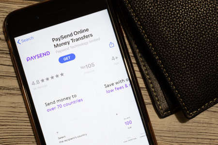 Los Angeles, California, USA - 12 February 2020: PaySend Online App Store page close up , Illustrative Editorial.のeditorial素材