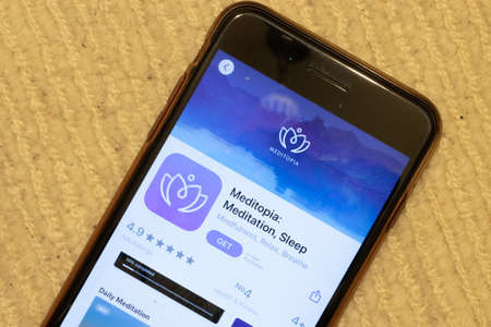 Los Angeles, California, USA - 12 February 2020: Meditopia App Store page close up , Illustrative Editorial.のeditorial素材