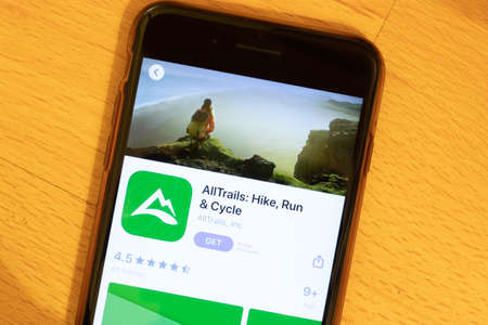 Los Angeles, California, USA - 12 February 2020: AllTrails App Store page close up , Illustrative Editorial.のeditorial素材