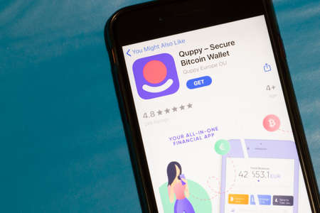 Los Angeles, California, USA - 12 February 2020: Quppy app icon on phone screen top view, Illustrative Editorial.のeditorial素材