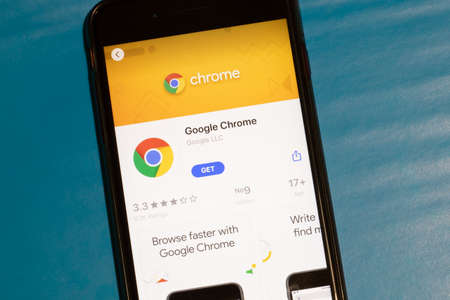 Los Angeles, California, USA - 12 February 2020: Google Chrome icon on phone screen top view, Illustrative Editorial.のeditorial素材