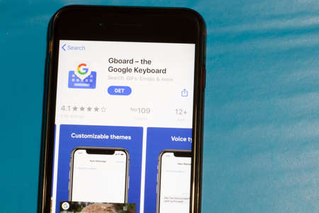 Los Angeles, California, USA - 12 February 2020: Gboard icon on phone screen top view, Illustrative Editorial.のeditorial素材