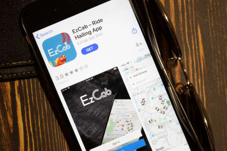Los Angeles, California, USA - 12 February 2020: EzCab Ride App Store page close up , Illustrative Editorial.のeditorial素材