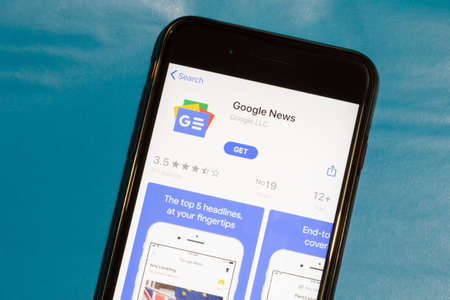 Los Angeles, California, USA - 12 February 2020: Google News app icon on phone screen top view, Illustrative Editorial.のeditorial素材
