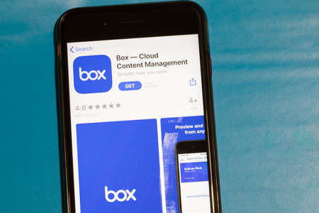 Los Angeles, California, USA - 12 February 2020: Box Cloud Content Management app icon on phone screen top view, Illustrative Editorial.のeditorial素材