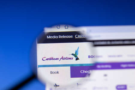 Saint-Petersburg, Russia - 18 February 2020: Caribbean Airlines company website page logo on laptop display. Screen with icon, Illustrative Editorial.のeditorial素材
