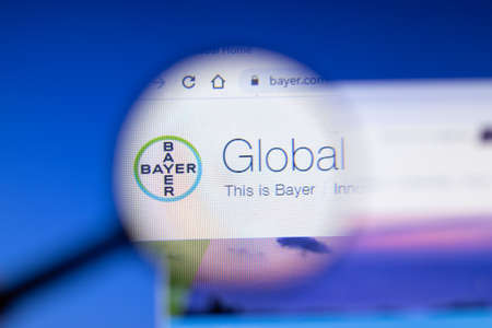 Saint-Petersburg, Russia - 18 February 2020: Bayer company website page logo on laptop display. Screen with icon, Illustrative Editorial.のeditorial素材