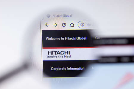 Saint-Petersburg, Russia - 18 February 2020: Hitachi company website page logo on laptop display. Screen with icon, Illustrative Editorial.のeditorial素材