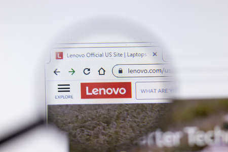 Saint-Petersburg, Russia - 18 February 2020: Lenovo company website page logo on laptop display. Screen with icon, Illustrative Editorial.のeditorial素材