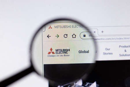 Saint-Petersburg, Russia - 18 February 2020: Mitsubishi Electric company website page logo on laptop display. Screen with icon, Illustrative Editorial.のeditorial素材