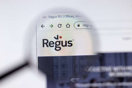 Saint-Petersburg, Russia - 18 February 2020: Regus company website page logo on laptop display. Screen with icon, Illustrative Editorial.のeditorial素材