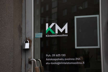 Helsinki, Finland - 3 March 2020: Kiinteistomaailma KM logo on street , Illustrative Editorial.のeditorial素材