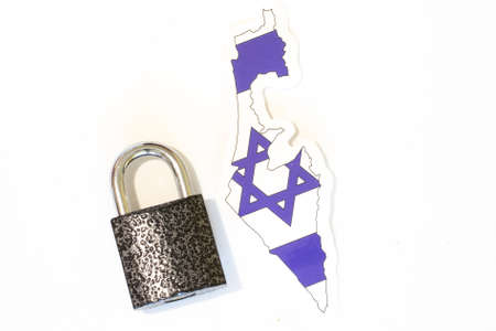 Israel national flag with outline on a white background with a closed lock top view. The concept of...