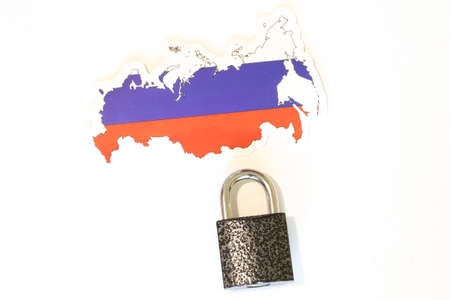 Russia national flag with outline on a white background with a closed lock top view. The concept of...