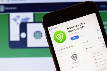 Los Angeles, California, USA - 24 March 2020: Browsec VPN app logo on phone screen close up with...