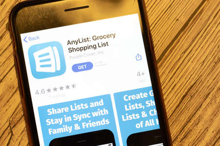 Los Angeles, California, USA - 24 March 2020: Top view of phone screen with AnyList Grocery Shopping List logo icon on app store, Illustrative Editorial.のeditorial素材
