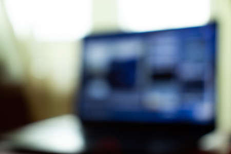 Office laptop desktop on a table indoors for copy space. Background Interior for text.の写真素材