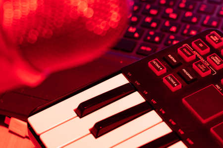 Close up of piano synth keyboard for sound production. Music producer equipment.の写真素材