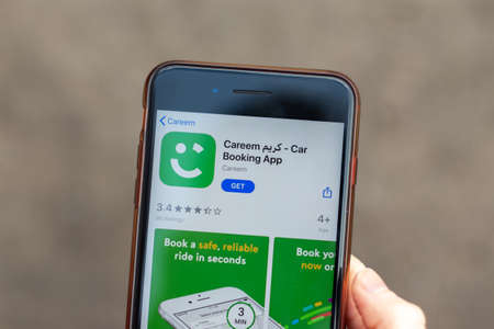 New York, USA - 1 May 2020: Careem Car Booking app logo close-up on phone screen, Illustrative Editorial.のeditorial素材