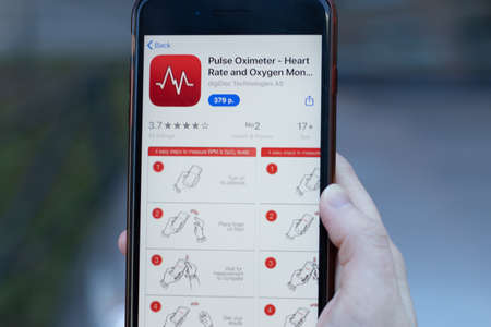 New York, USA - 1 May 2020: Pulse Oximeter app logo close-up on phone screen, Illustrative...