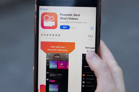 New York, USA - 1 May 2020: Firework app logo close-up on phone screen, Illustrative Editorial.