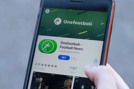 New York, USA - 1 May 2020: Onefootball Football News app logo close-up on phone screen, Illustrative Editorialのeditorial素材