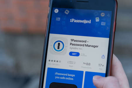 New York, USA - 1 May 2020: 1Password Password Manager app logo close-up on phone screen,...