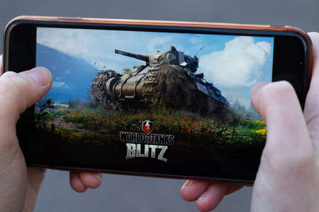 New York, USA - 1 May 2020: World of Tanks Blitz game app logo close-up on phone screen, Illustrative Editorial.のeditorial素材
