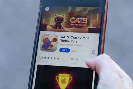 New York, USA - 1 May 2020: CATS Crash Arena Turbo Stars app logo close-up on phone screen,...