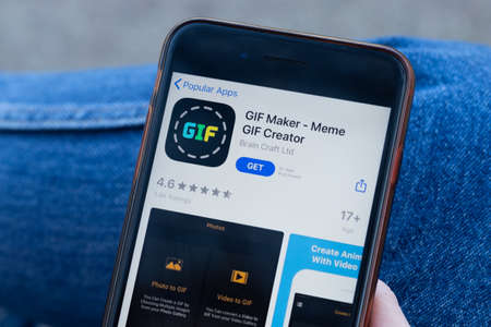 New York, USA - 1 May 2020: GIF Maker app logo close-up on phone screen, Illustrative Editorial.のeditorial素材