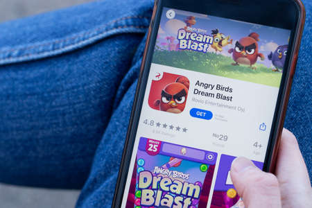 New York, USA - 1 May 2020: Angry Birds Dream Blast app logo close-up on phone screen, Illustrative...