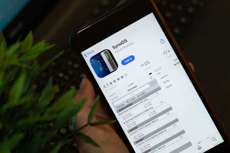 New York, USA - 1 May 2020: SynoDS app icon logo on mobile phone screen close-up, Illustrative...