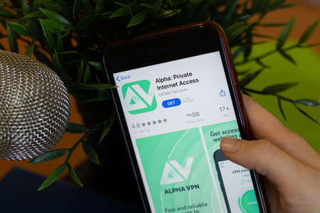 New York, USA - 1 May 2020: Alpha Private Internet Access app icon logo on mobile phone screen...